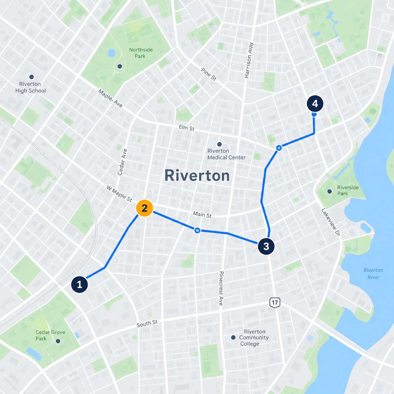 Illustrative Riverton street map showing Sam's four scheduled stops
