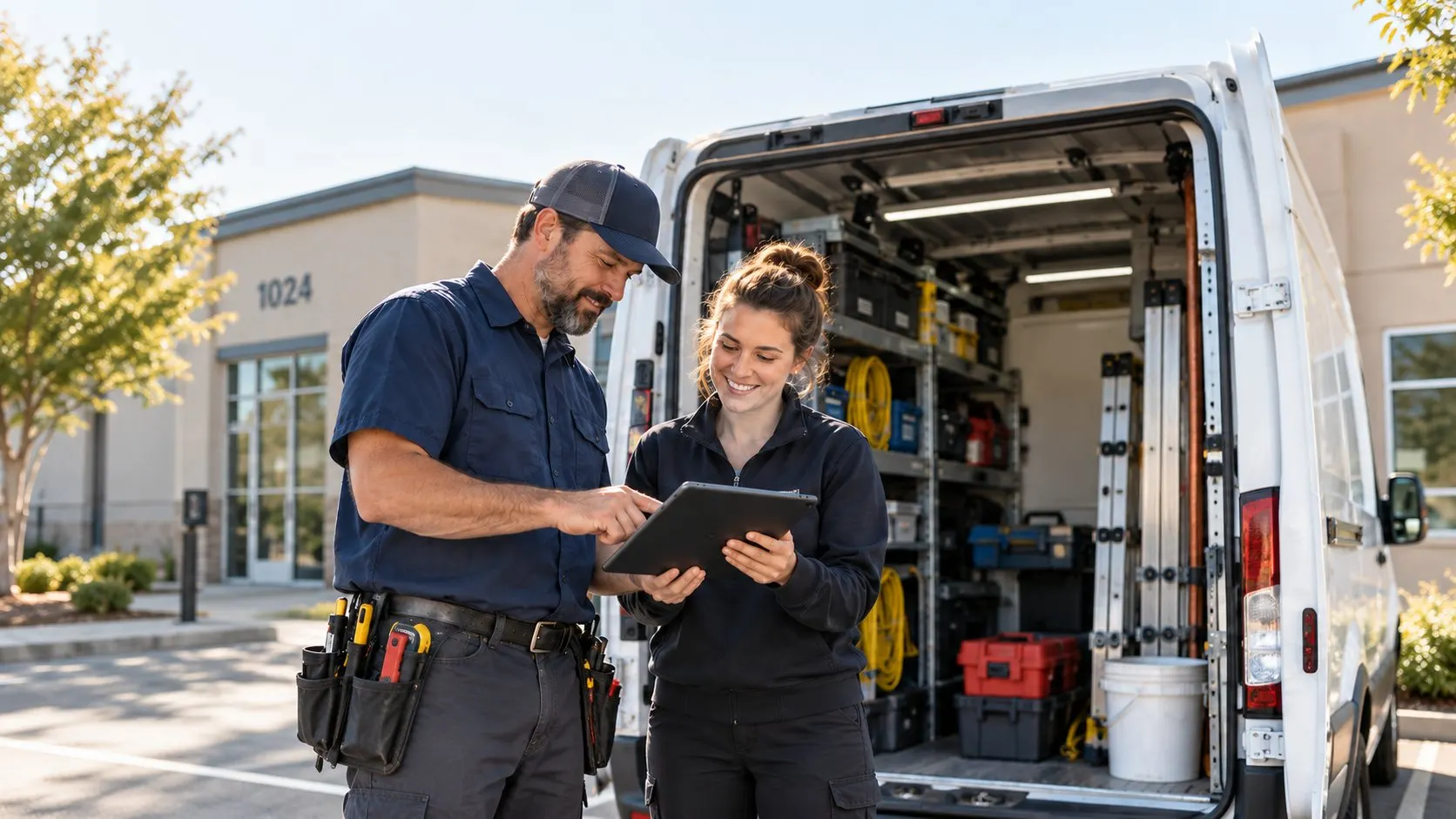 Two service professionals reviewing a job on a tablet beside their work van