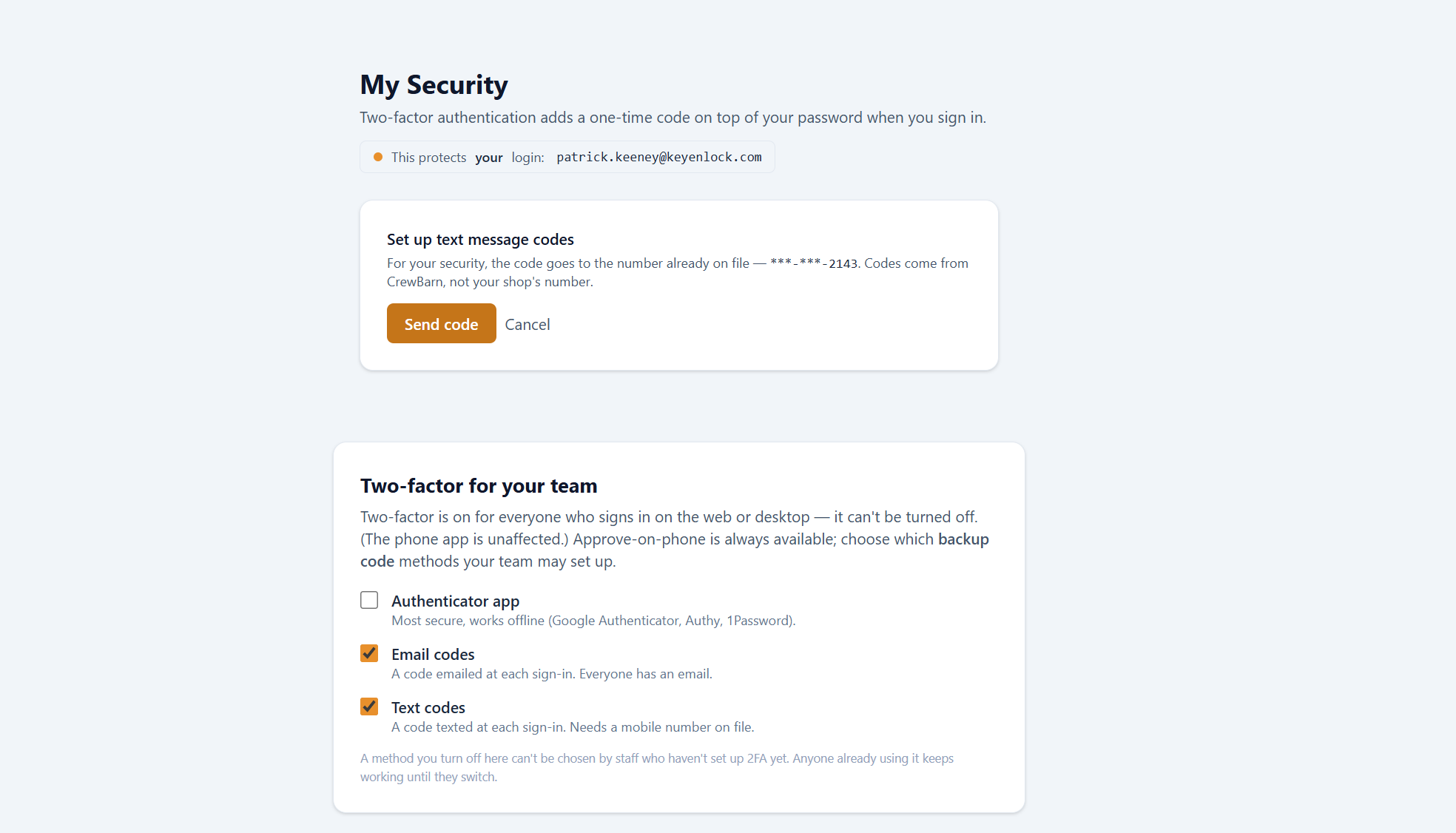 CrewBarn Security settings: a user enabling text-message verification codes, which sends a code to the mobile number already on their account.
