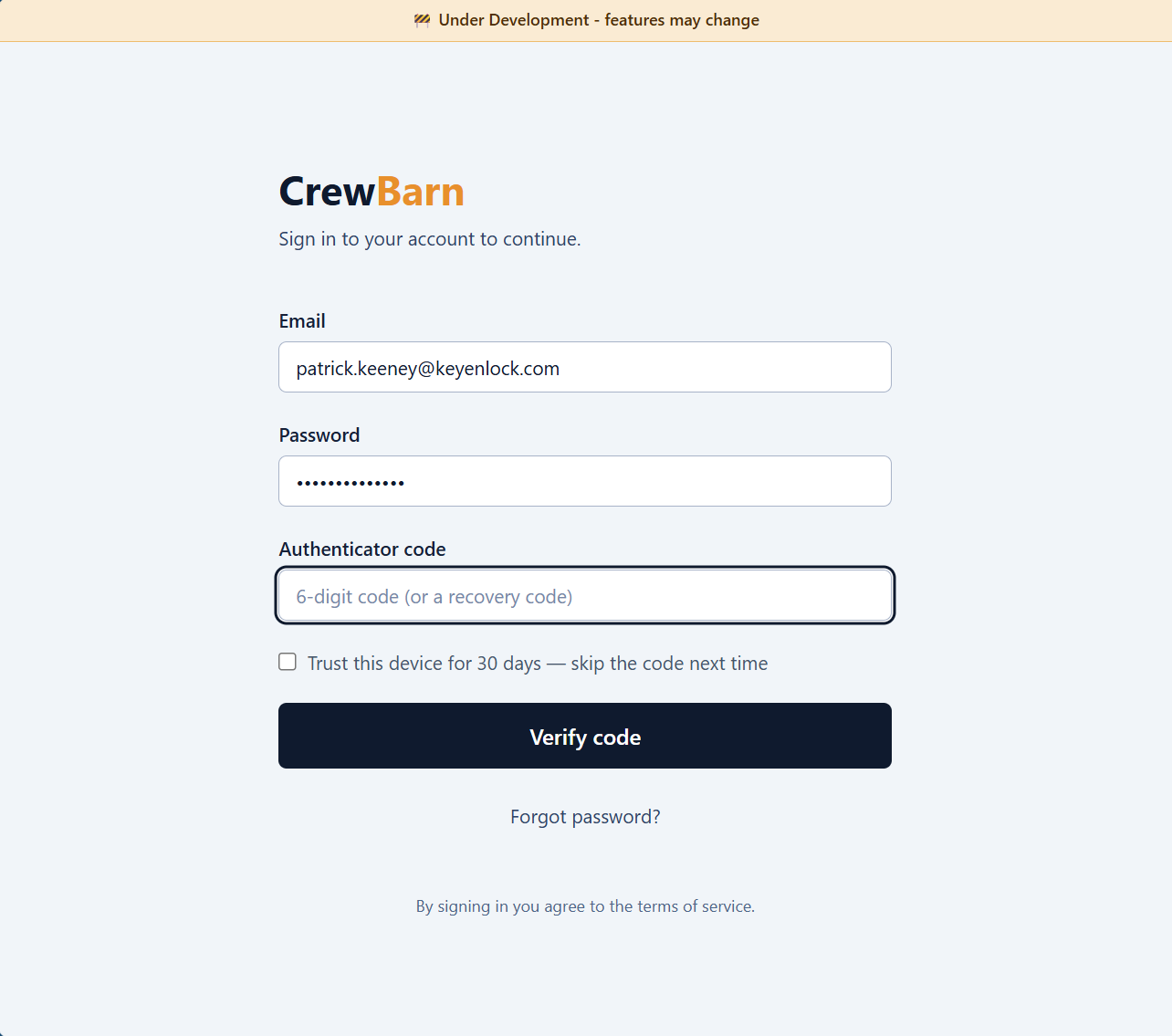 CrewBarn sign-in screen prompting for the verification code the user was just texted, to finish signing in.